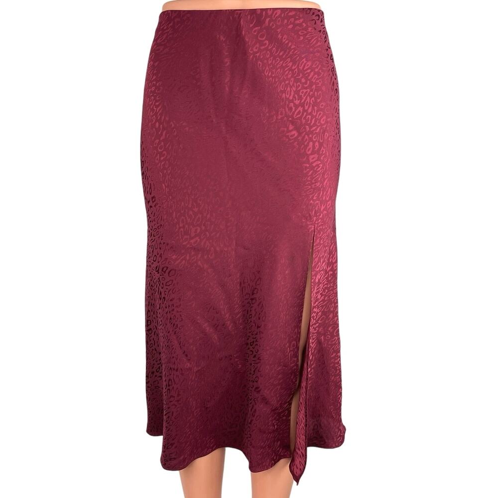 Socialite Red Silk Satin Leopard Print Flare Side Slit A-Line Slip Skirt Size M